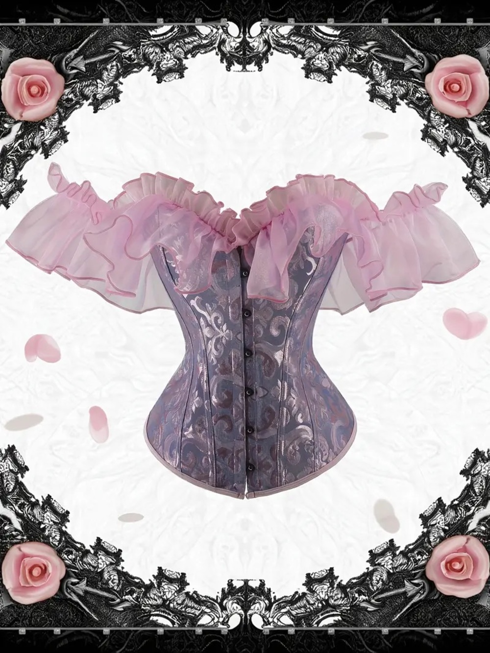 Lavender Brocade Off-Shoulder Corset with Pink Ruffle